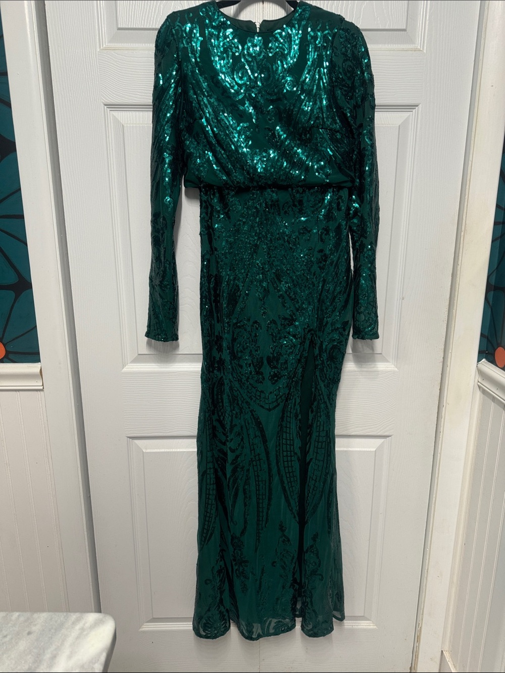 Lulu's Luxe Aesthetic Green Long-Sleeve aTwo Piece Sequin Gown